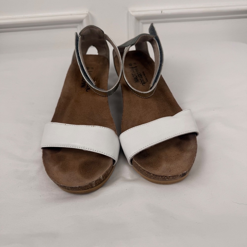 Naot Women Leather Wedge Sandals White Grey Silver Ankle Strap Size 40 L9